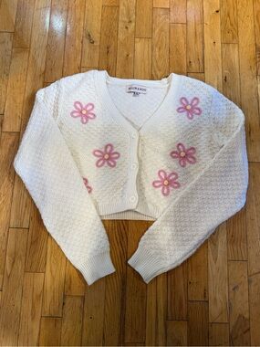 Willow White Cropped Cardigan with Pink Floral Appliqués #759